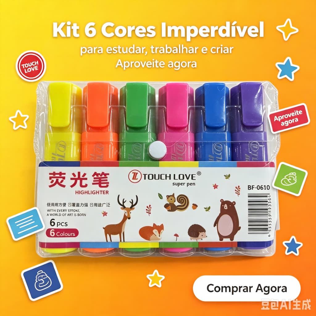 Kit Marca Texto 6 Cores Neon Caneta Marcador Fluorescente Material Escolar