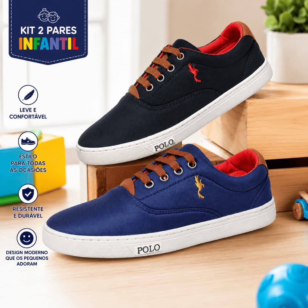 Kit 2 Pares Sapatênis Infantil Masculino Escolar Passeio Confortável em Lona Dia a Dia
