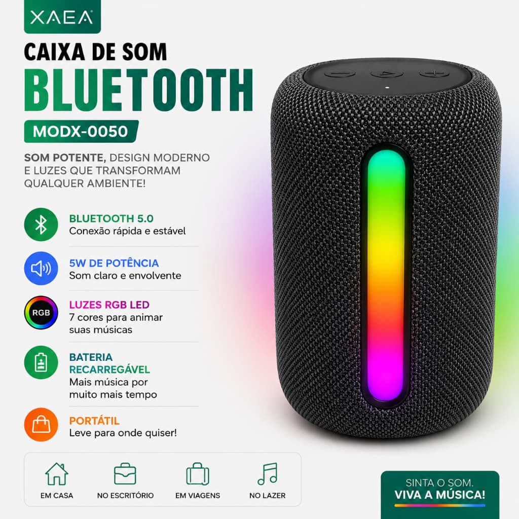 Caixa de Som Bluetooth XAEA MODX-0050 5W RGB LED Portátil Sem Fio
