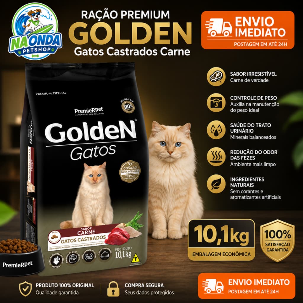 Ração Golden Gatos Castrados Carne 10,1kg Premium Para Gatos Adultos - Envio Imediato