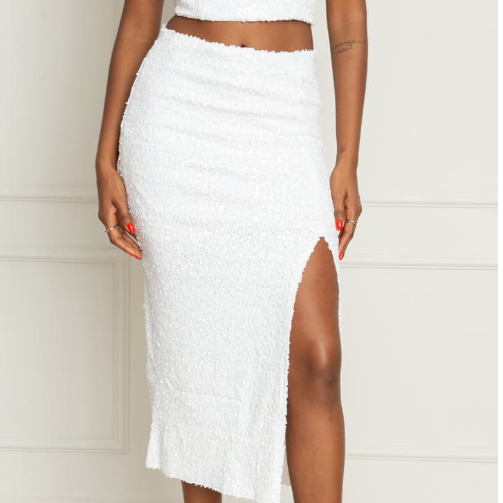 Saia Paete Brilho Fenda Festa Midi Elegante Brilhosa