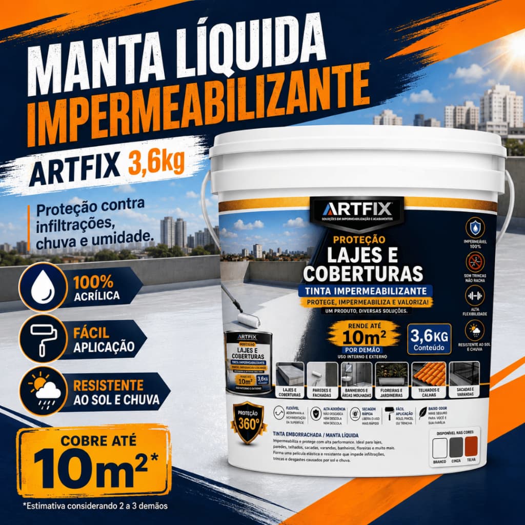 Manta Impermeabilizante Artfix 3,6Kg 100% Acrílica Alta Elasticidade Fácil Aplicação Secagem Rápida