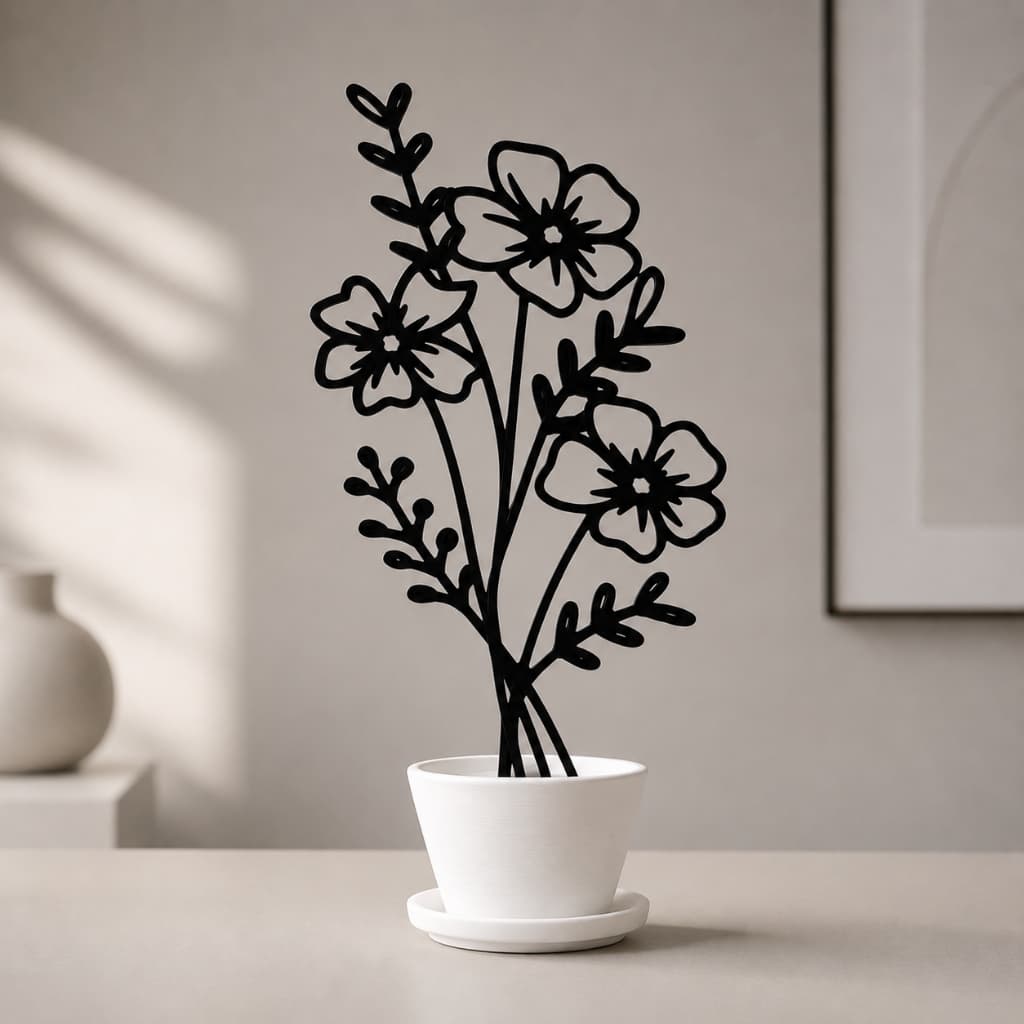 Vaso Decorativo com Flor Preta Artificial Minimalista em Plástico Moderno para Casa Sala Cozinha