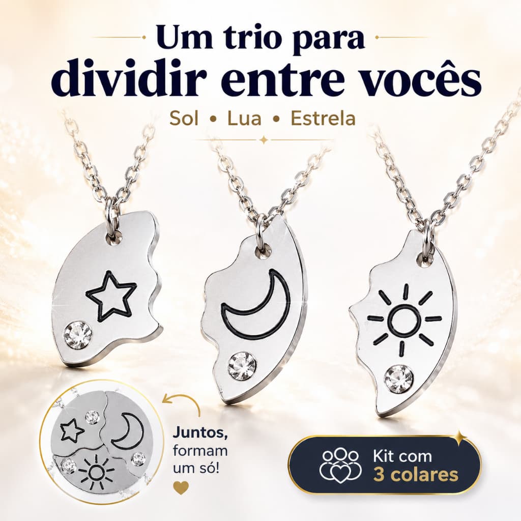 Kit 3 Colares BFF Amizade Sol Lua Estrela Metadinha para 3 Amigas Presente Trio Universo Prateado