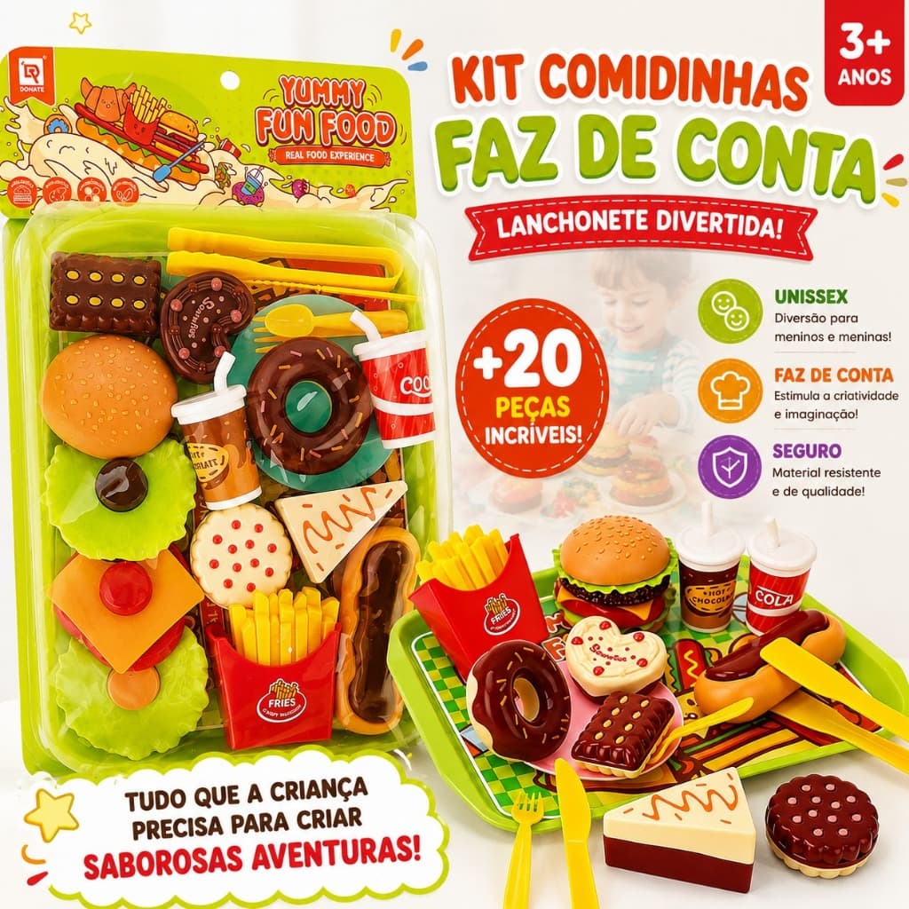 Kit Comidinhas de Brinquedo Infantil Faz de Conta Hambúrguer Doces Lanchonete Unissex