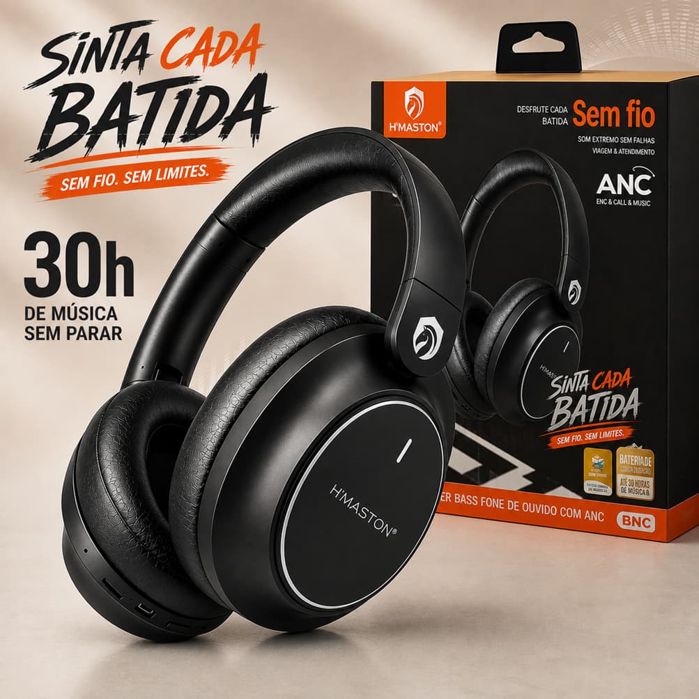 Fone de Ouvido Sem Fio Bluetooth ANC Headphone Sem Fio Cancelamento de Ruído Super Bass 30H Microfone H'Maston SNS14