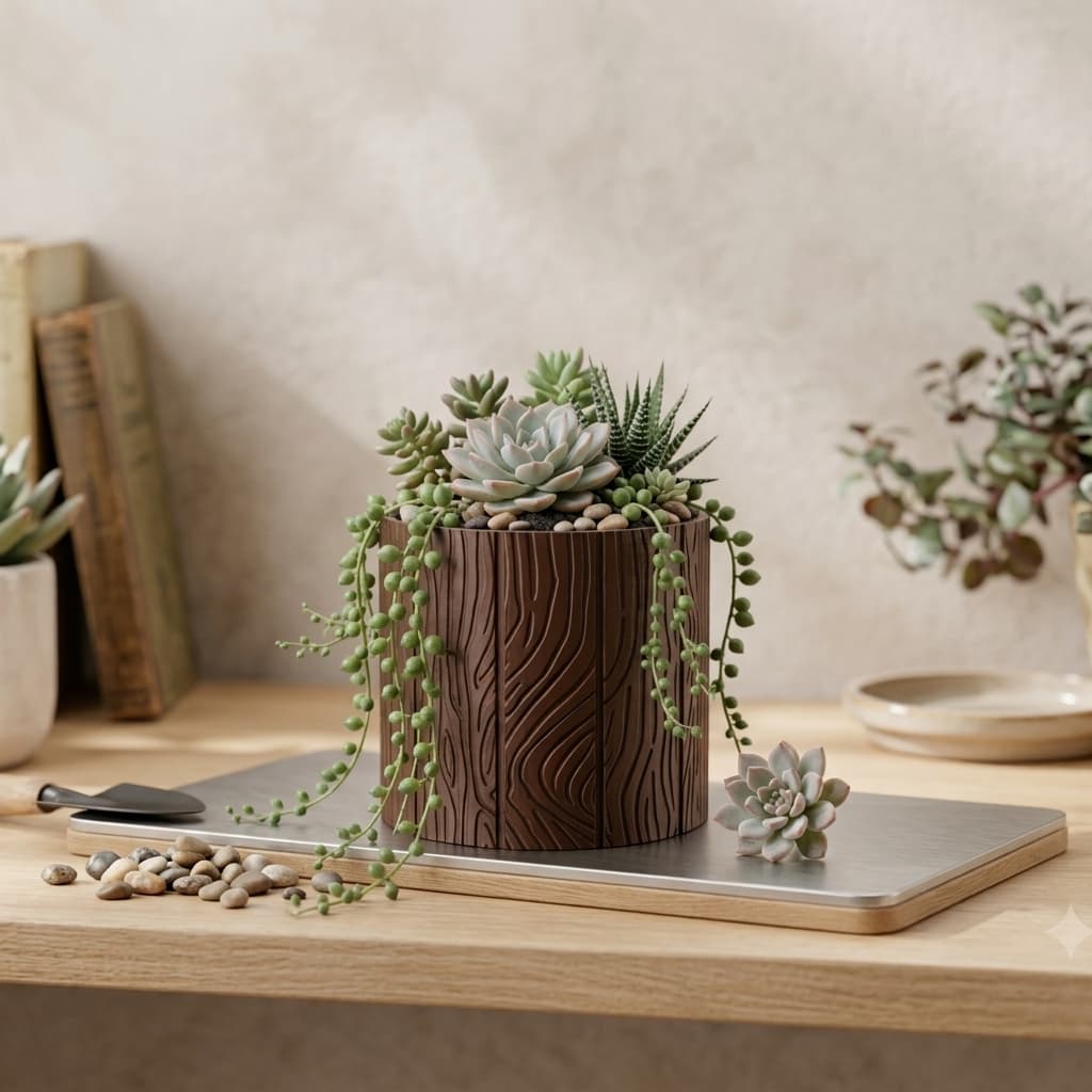 Vaso Decorativo Redondo Textura Madeira para Suculentas | Cachepot Moderno para Plantas e Decoração