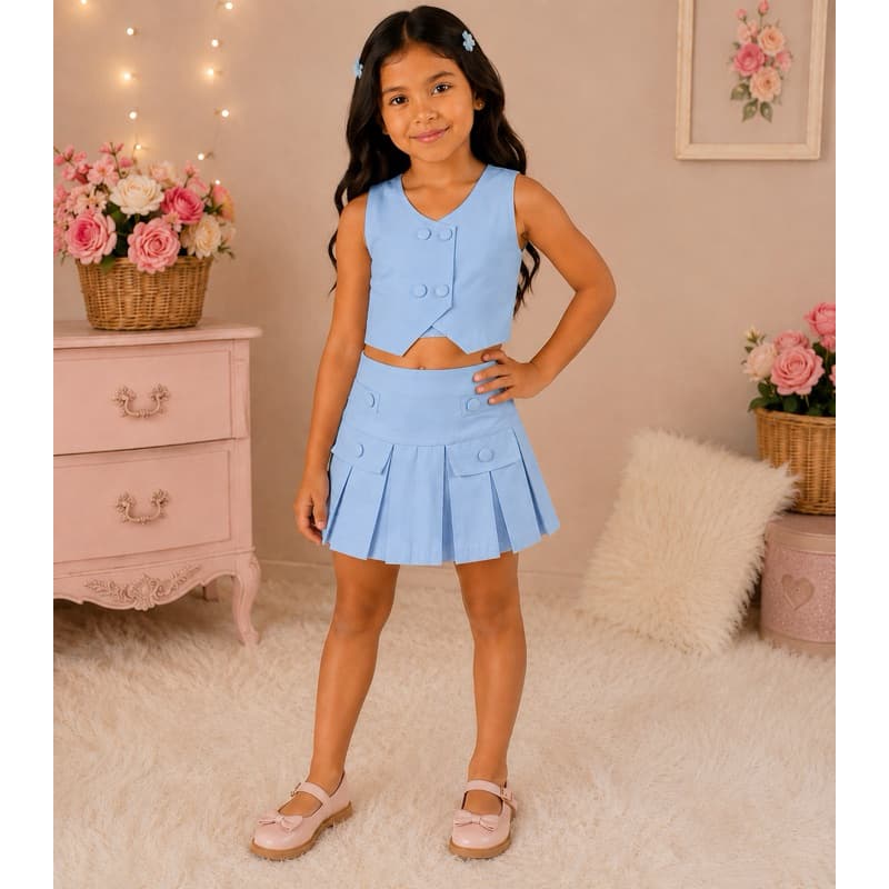 Conjunto Infantil Menina Blogueirinha Colete Laço nas Costas + Saia Short Plissada Look Fashion Luxo