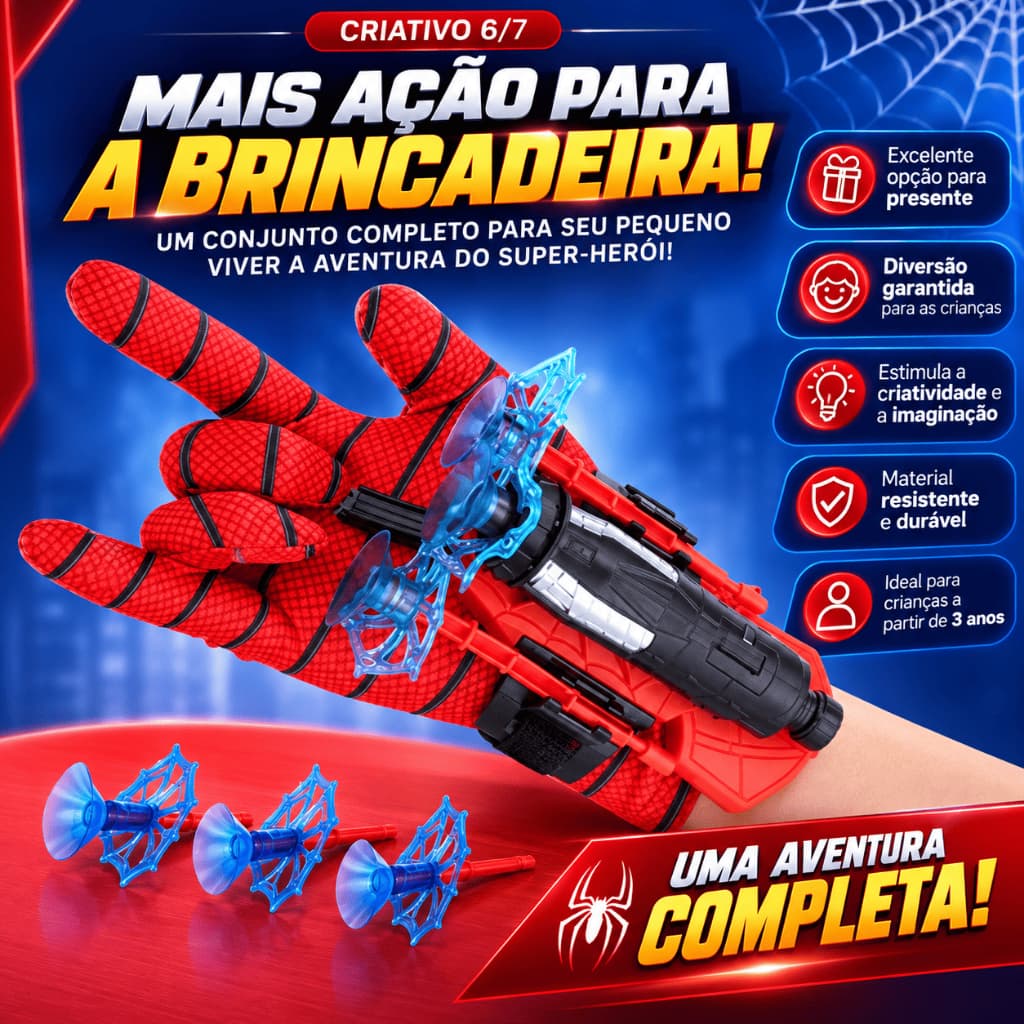 Luva Lança Teia Homem-Aranha Infantil com Lançador de Teia e 3 Dardos Brinquedo Super-Herói