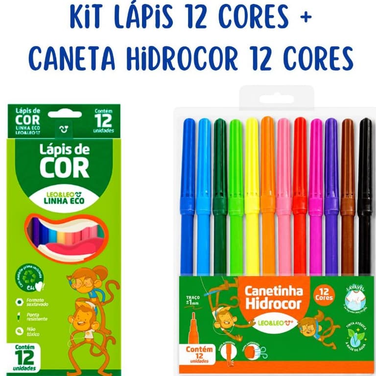 Kit lápis de Cor 12 Cores + Canetinha Hidrográfica 12 Cores Coloridas Escolar Leo&Leo