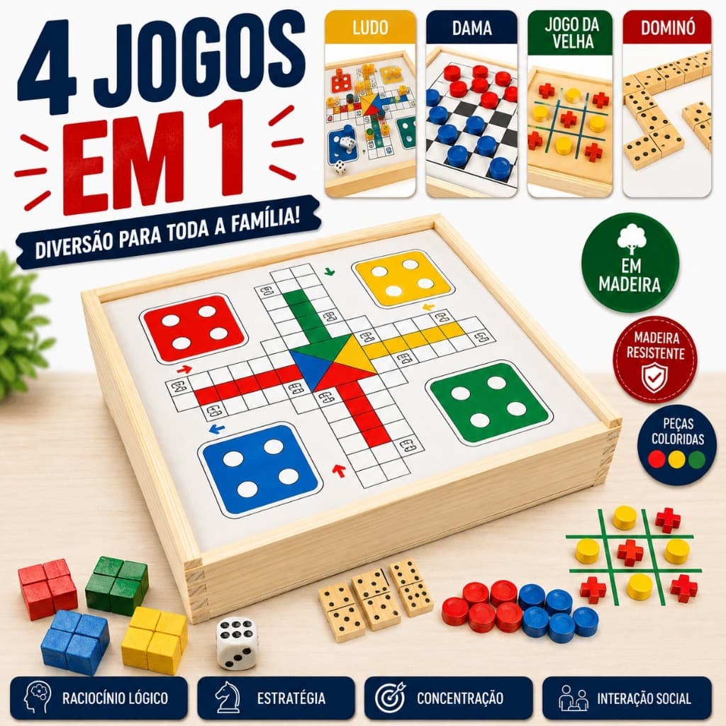 Jogos 4x1 Tabuleiros de Dama, Ludo, Jogo da Velha, Dominó 4 em 1 Jogos Clássicos Educativo Divertido