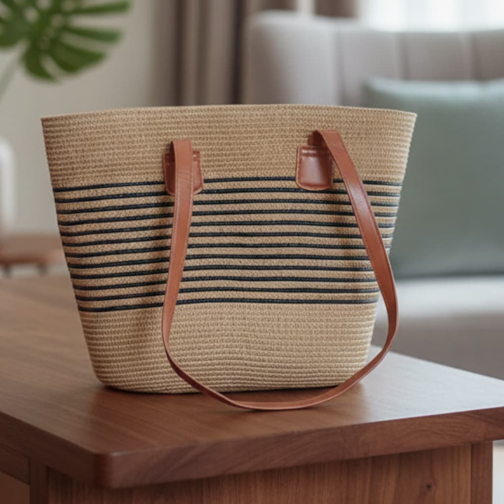 Bolsa Feminina Em Palha Sintética Grande Bege Ou Caramelo Listras Pretas Moda Praia Passeio Blogueira