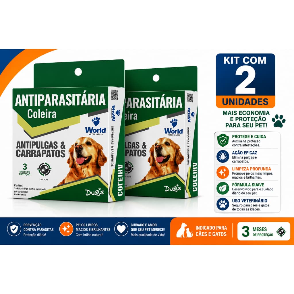 Kit 2 Coleira World Veterinária Dug's 17g Antipulgas para Cães - 56cm