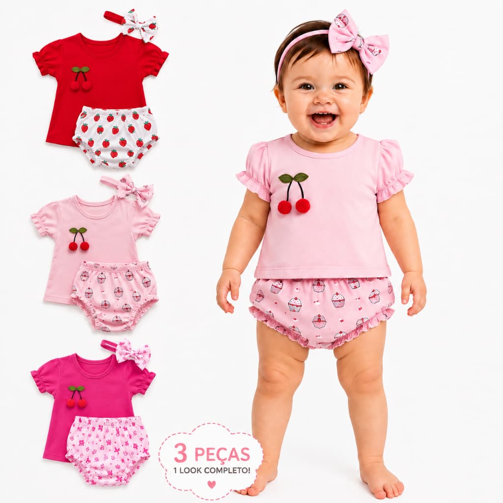 Conjunto Bebe Menina Verão Camiseta Shorts Tampa Fralda e Faixa Estilo Blogueira Calor Kit 3 Peças - 3 a 12 meses