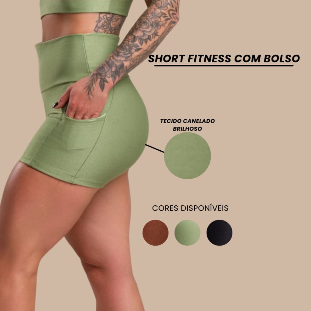 Short Fitness Feminino Canelado Brilhoso Com Bolso Cintura Alta Academia Brilho Moda