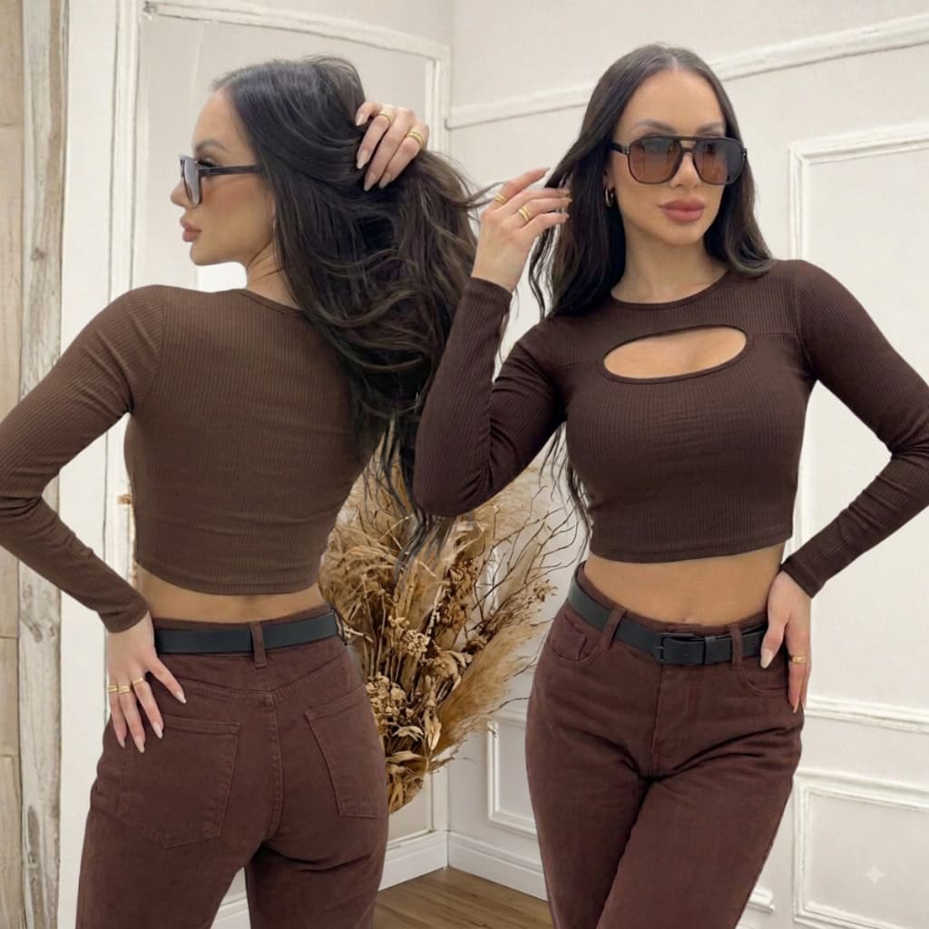 Cropped Feminino Manga Longa Gola Redonda com Modelagem Moderna