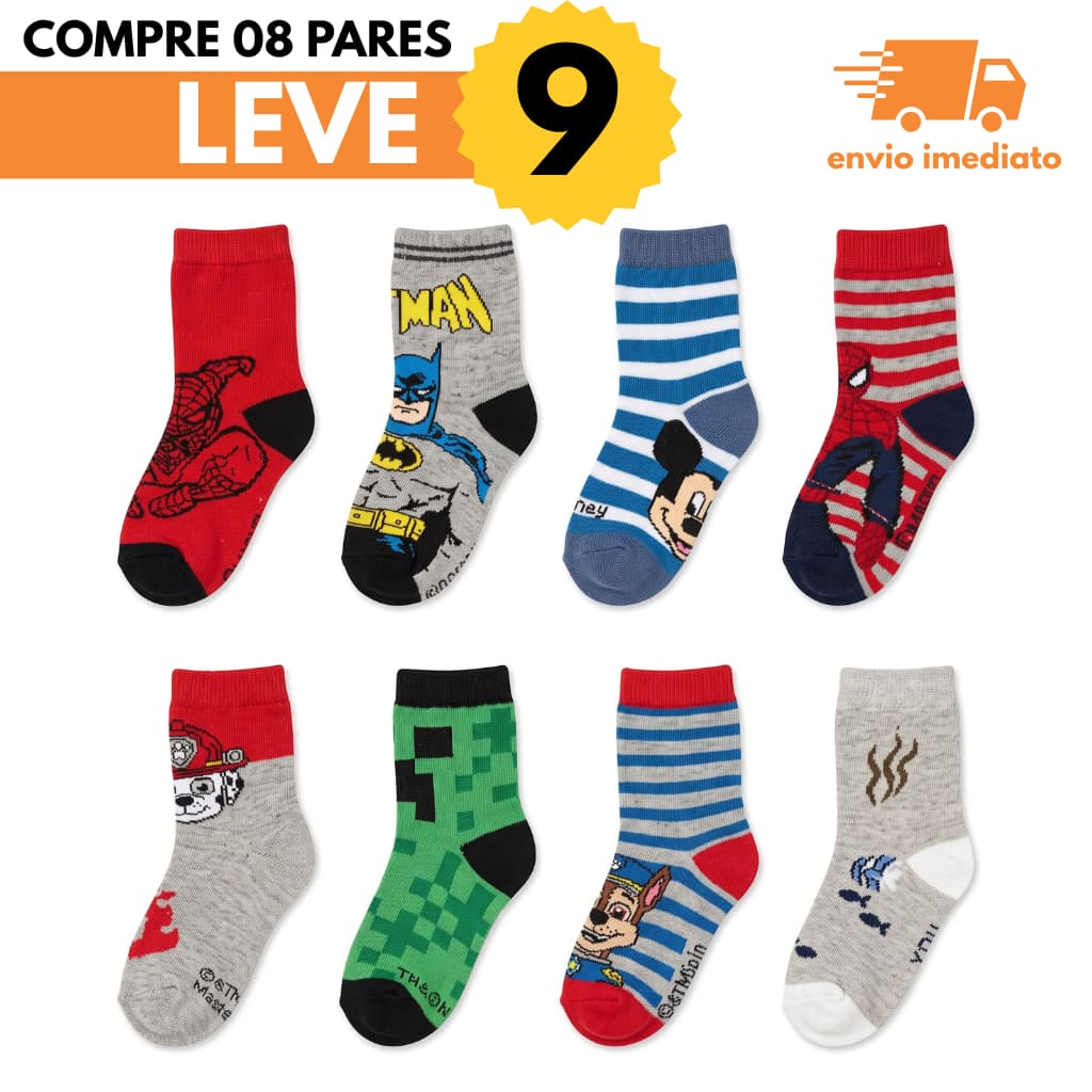 Kit 8 Pares Meia Bebê Infantil Primeiros Passos Menino Antiderrapante Premium Algodão Personagem Herois Homem Aranha