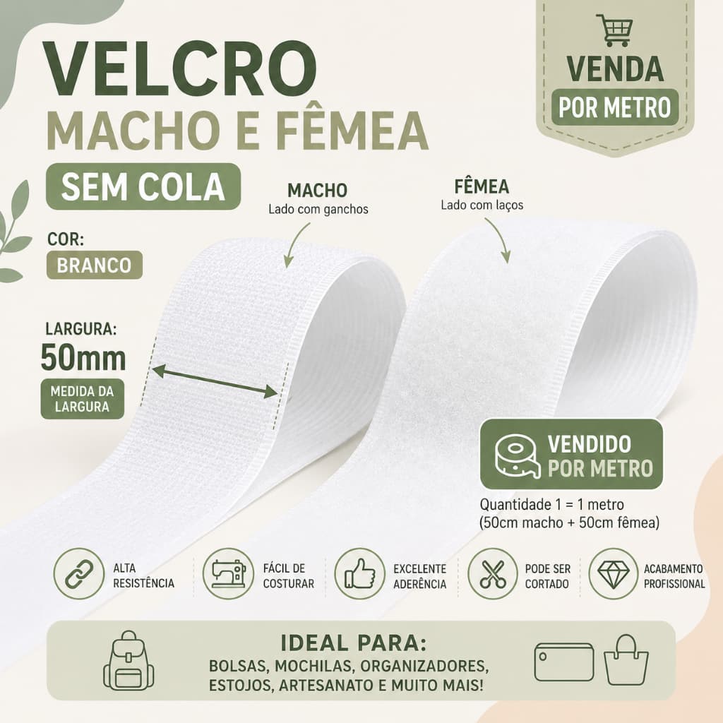 Velcro Alta Fixação Fecho de Contato 50mm - 5 / 3 / 1 metro