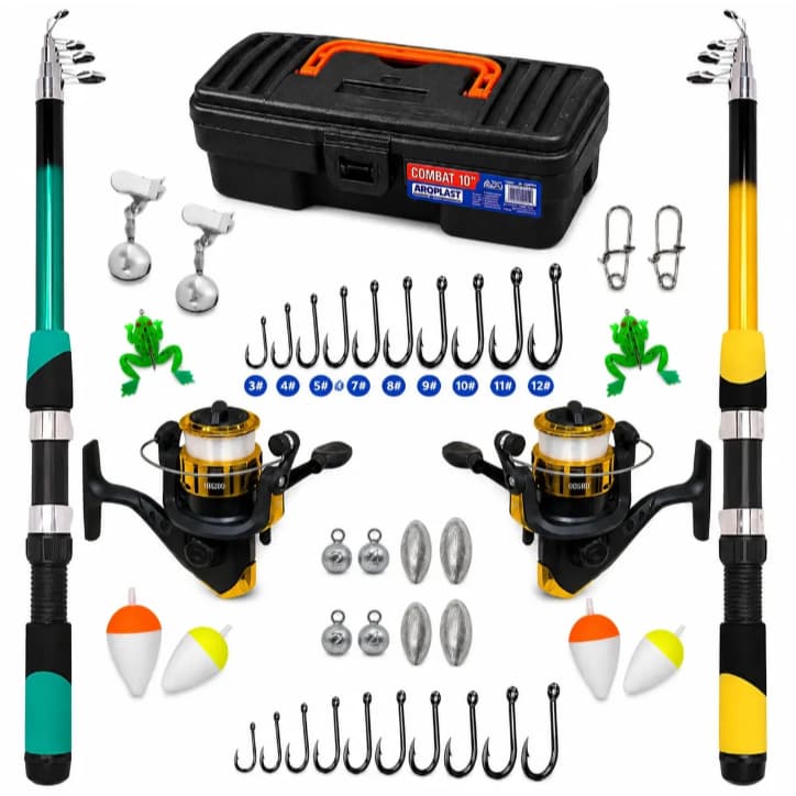 Kit Pesca Super Completo Com Todos Acessórios Inclui 2 Varas + 2 Molinetes + 1 Maleta + 2 Guizos + 2 Iscas sortidas