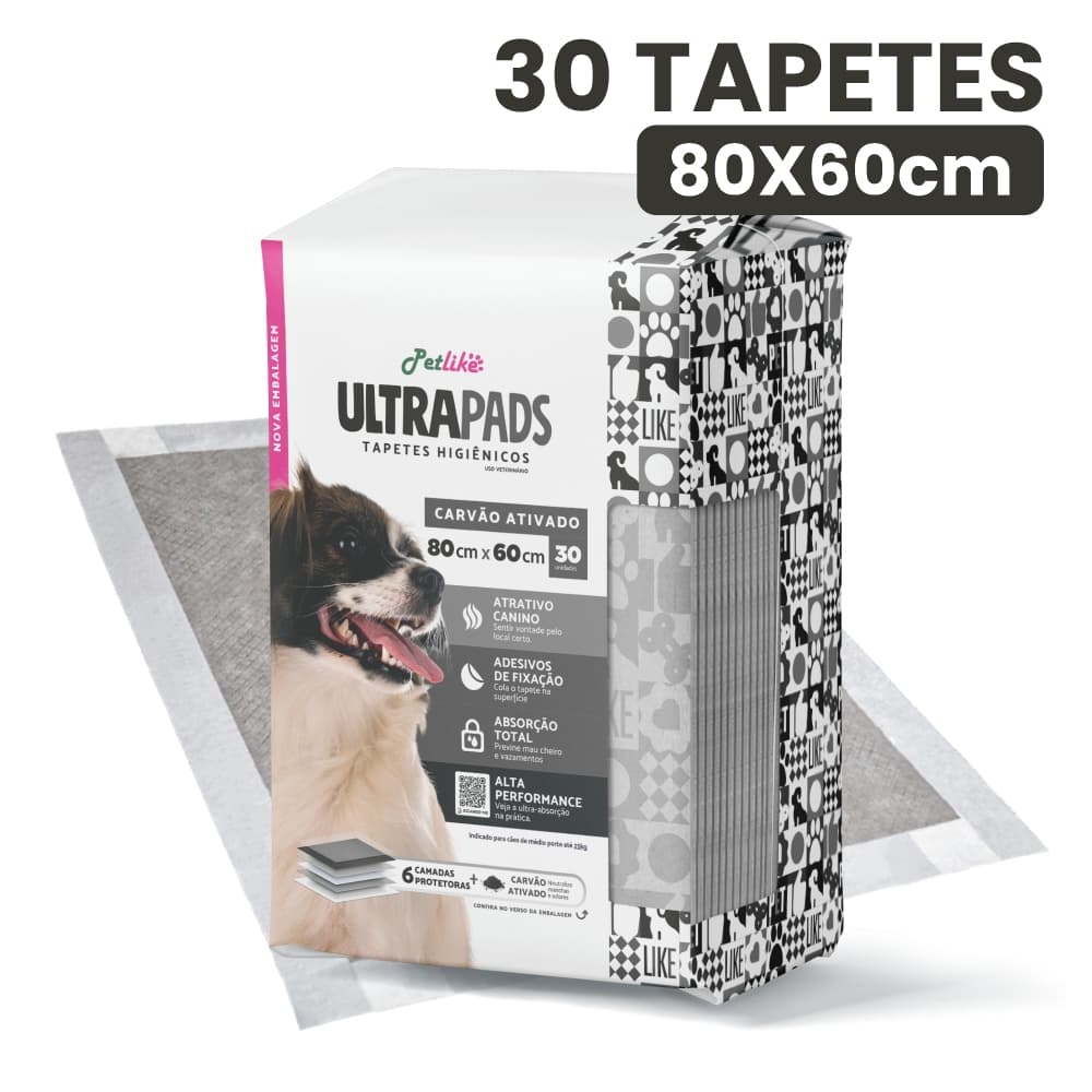 Tapete Higiênico Para Cães Ultra Pads 80x60cm 30 un Carvão Cães e Gatos Petlike Original
