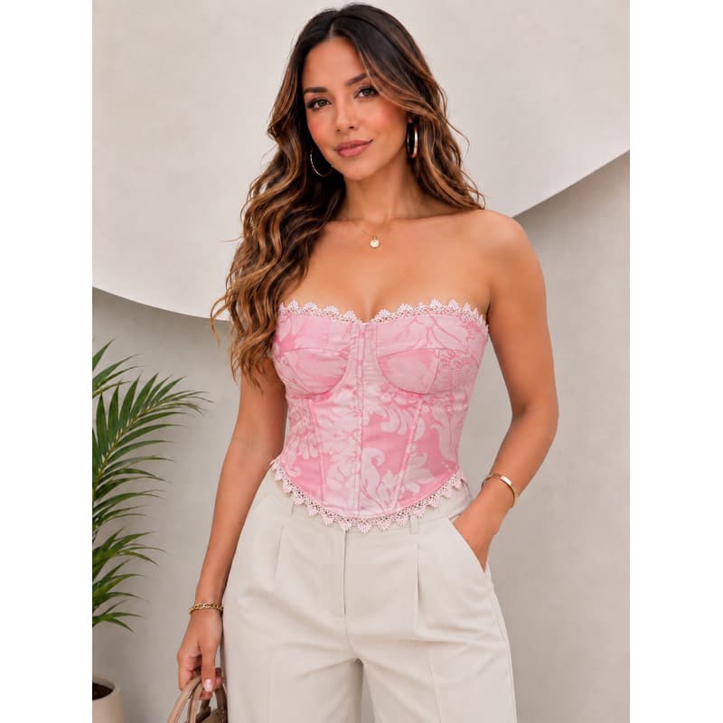Cropped Corset Feminino Tomara que Caia com Renda e Bojo Estruturado – Corselet Elegante com Amarração nas Costas