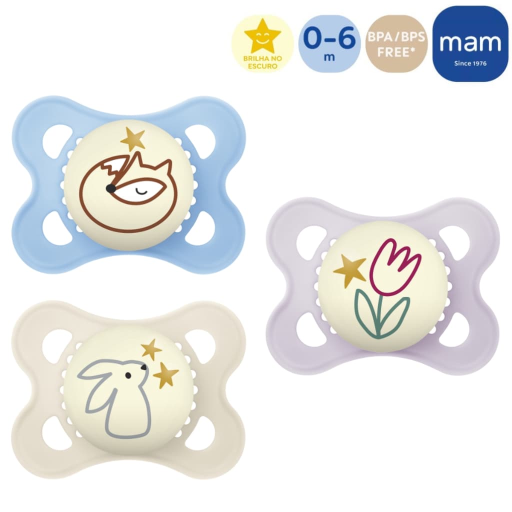 Chupeta Bico Silicone Simétrico Mam Original Night Brilha no Escuro 0-6 Meses