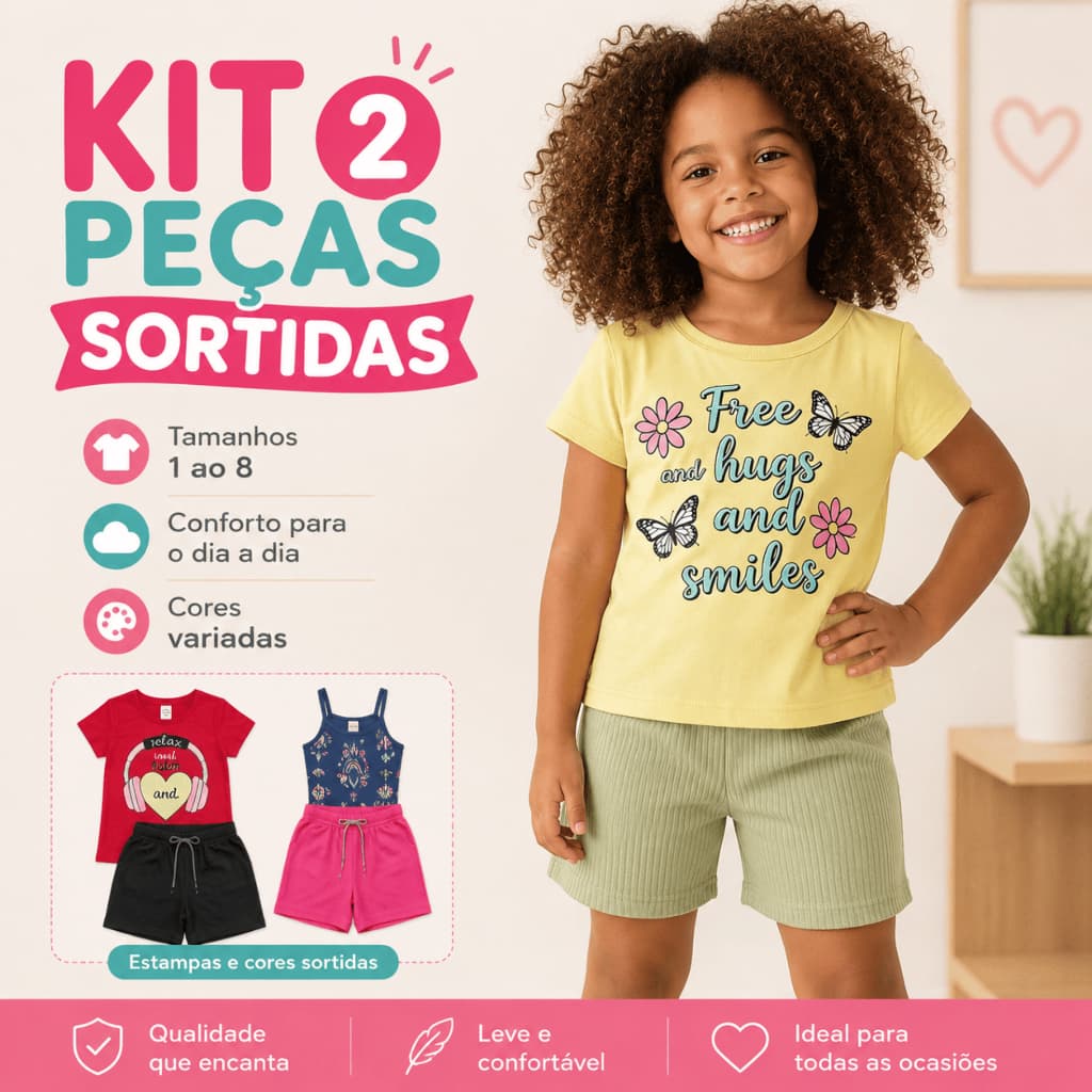 Conjunto Infantil Feminino Menina Kit 2 Peças Sortidas Roupa de Verão Camiseta e Short Estampado 1 ao 8