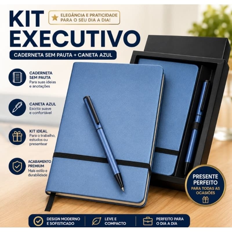 Kit Executivo Caderneta A5 Sem Pauta + Caneta Metal Azul 1mm Caixa para Presente Corporativo Elegante