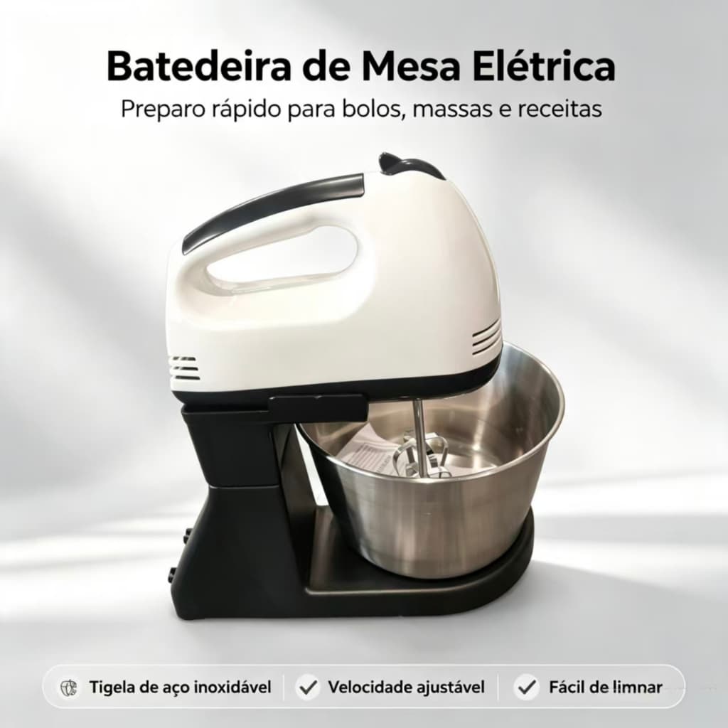 Batedeira Planetária com Tigela de Aço Inoxidável – Ideal para Bolos, Pães e Massas em Geral