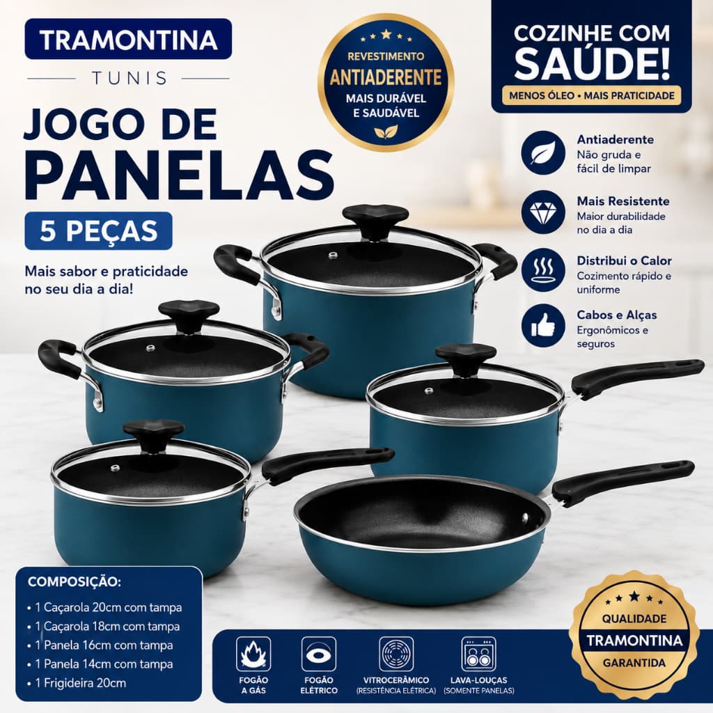Jogo Panelas Tramontina Tunis Alumínio Cerâmico Externo Siliconado Azul Mediterrâneo 5 Peças