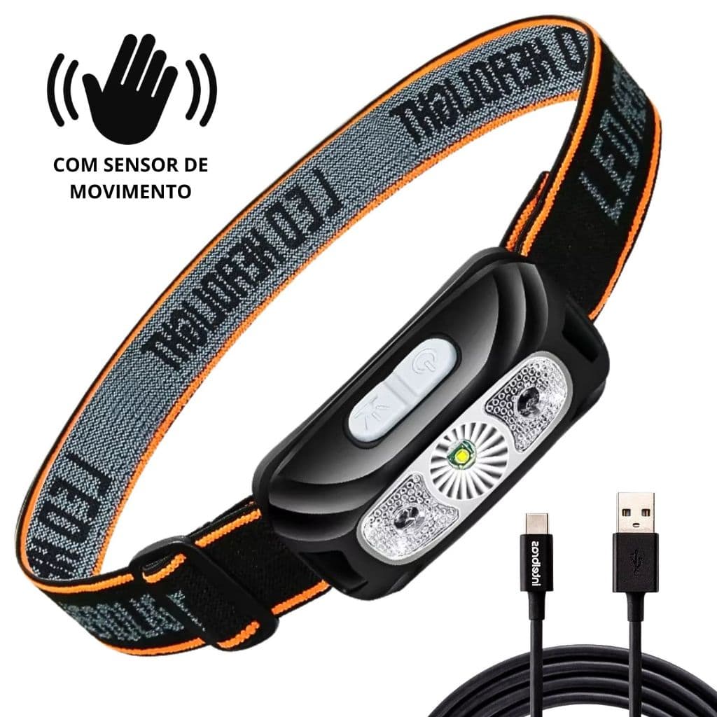 Lanterna de Cabeça Led Alta Potência Vidro Óptico Ccarregador USB Bivolt Recarregavel Sensor Prova D'água