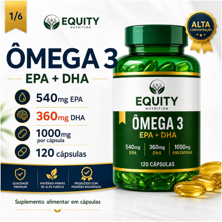 Omega 3 1000mg 120 Cápsulas EPA 540mg DHA 360 Alta Concentração Saúde Equity Nutrition