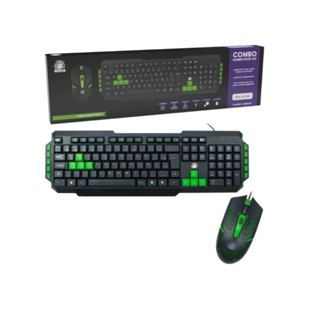 Combo Gamer Teclado + Mouse Start 2.0 USB LED ABNT2 Ergonômico PC Notebook Cor Verde Jogos Trabalho Estudo Teclas Macias