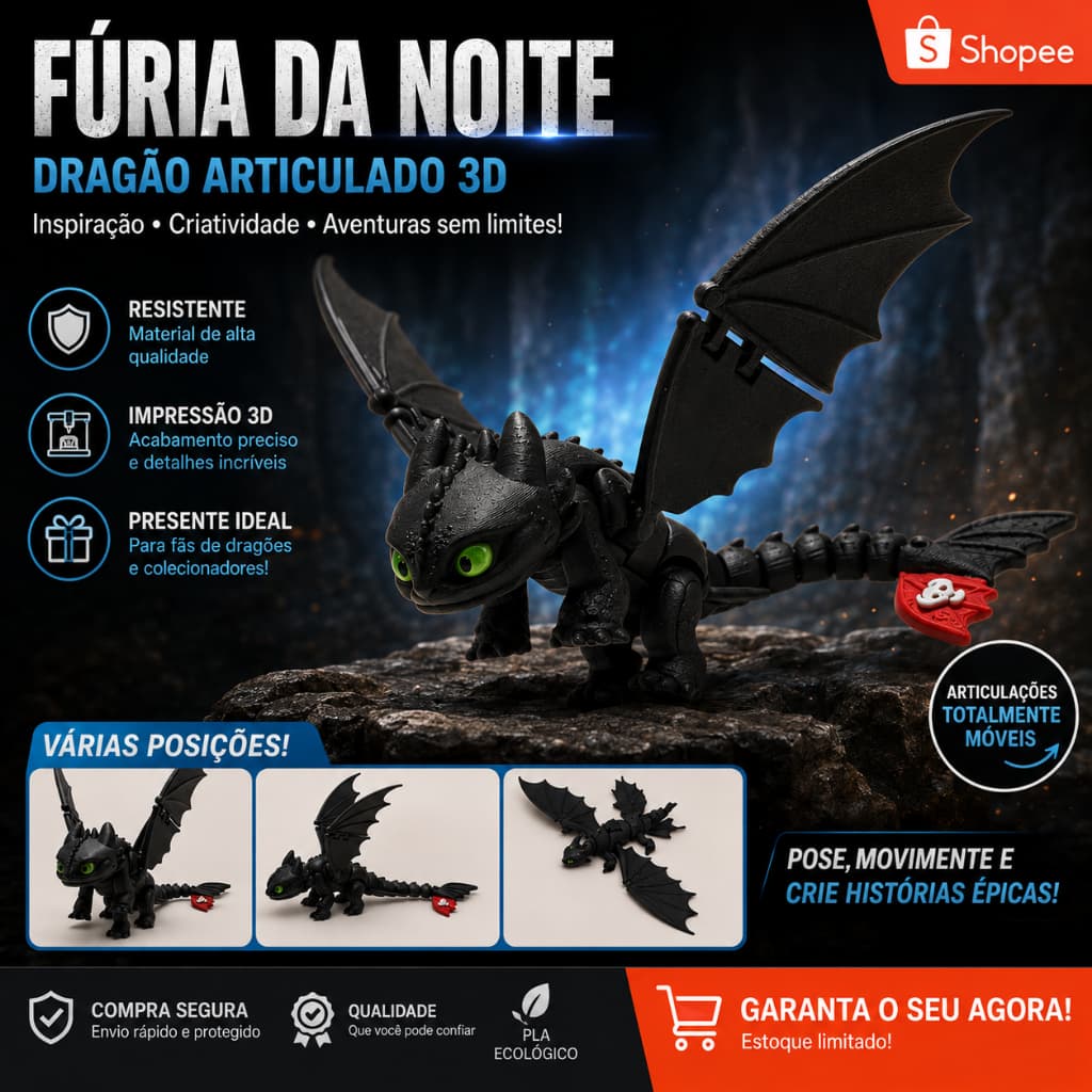 Banguela Fúria da Noite Articulado 3D | Dragão Colecionável com Asas Móveis