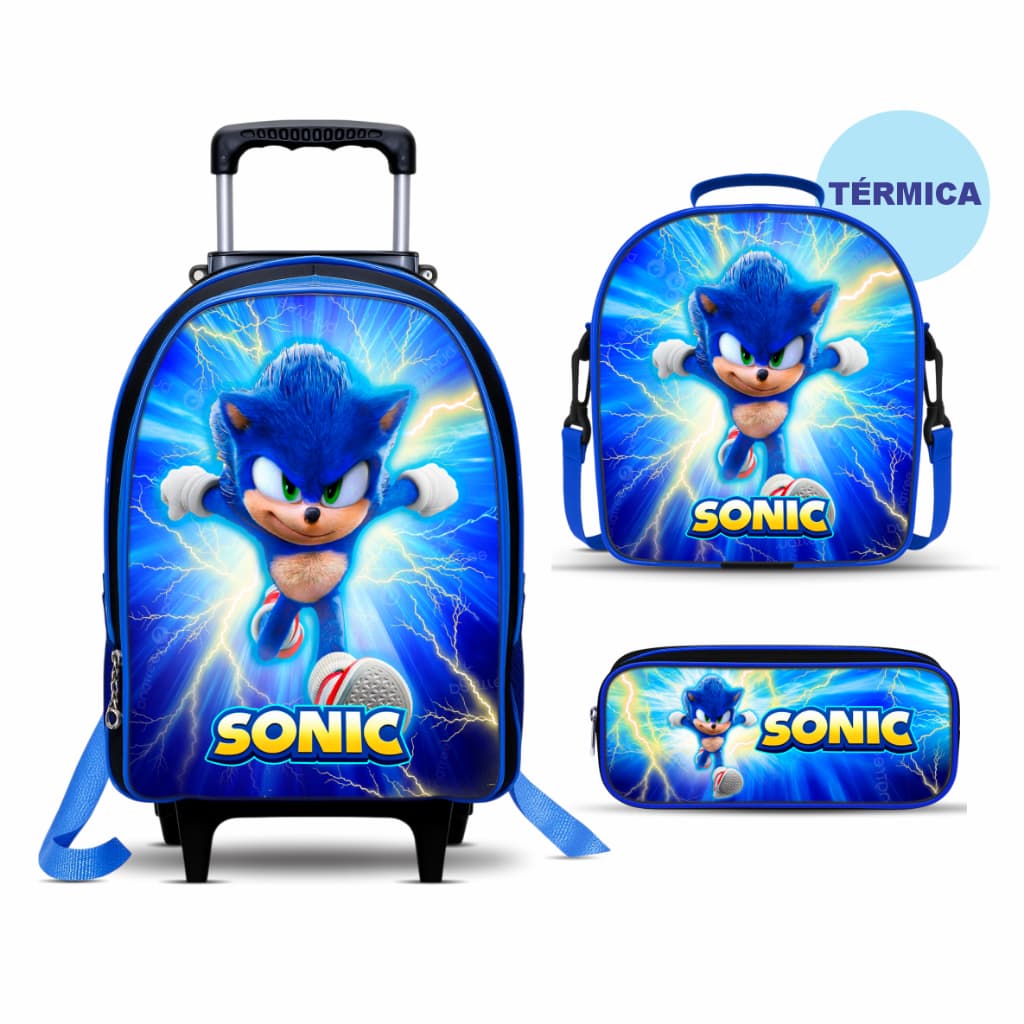 Kit Mochila Sonic NOVO - Com Lancheira TÉRMICA e Estojo - Rodinhas - Menino - Masculino - Escolar - Rodinhas