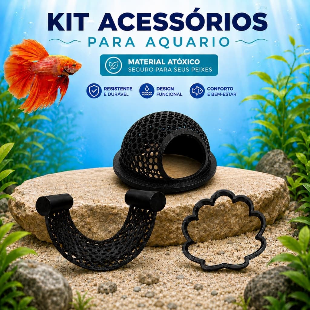 Toca casinha flutuante kit 3 em 1 caminha descanso peixe betta anel alimentação aquário decor rede aquarismo acessorio