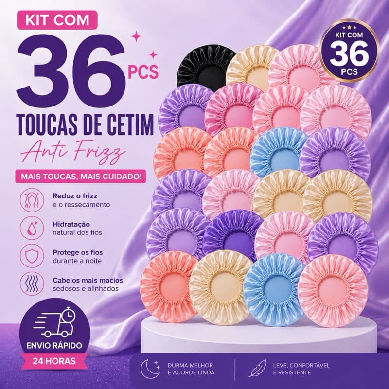 Kit 36 Toucas de Cetim Anti Frizz Cores Sortidas | Atacado para Revenda Alta Saída Proteção e Cuidado dos Cabelos