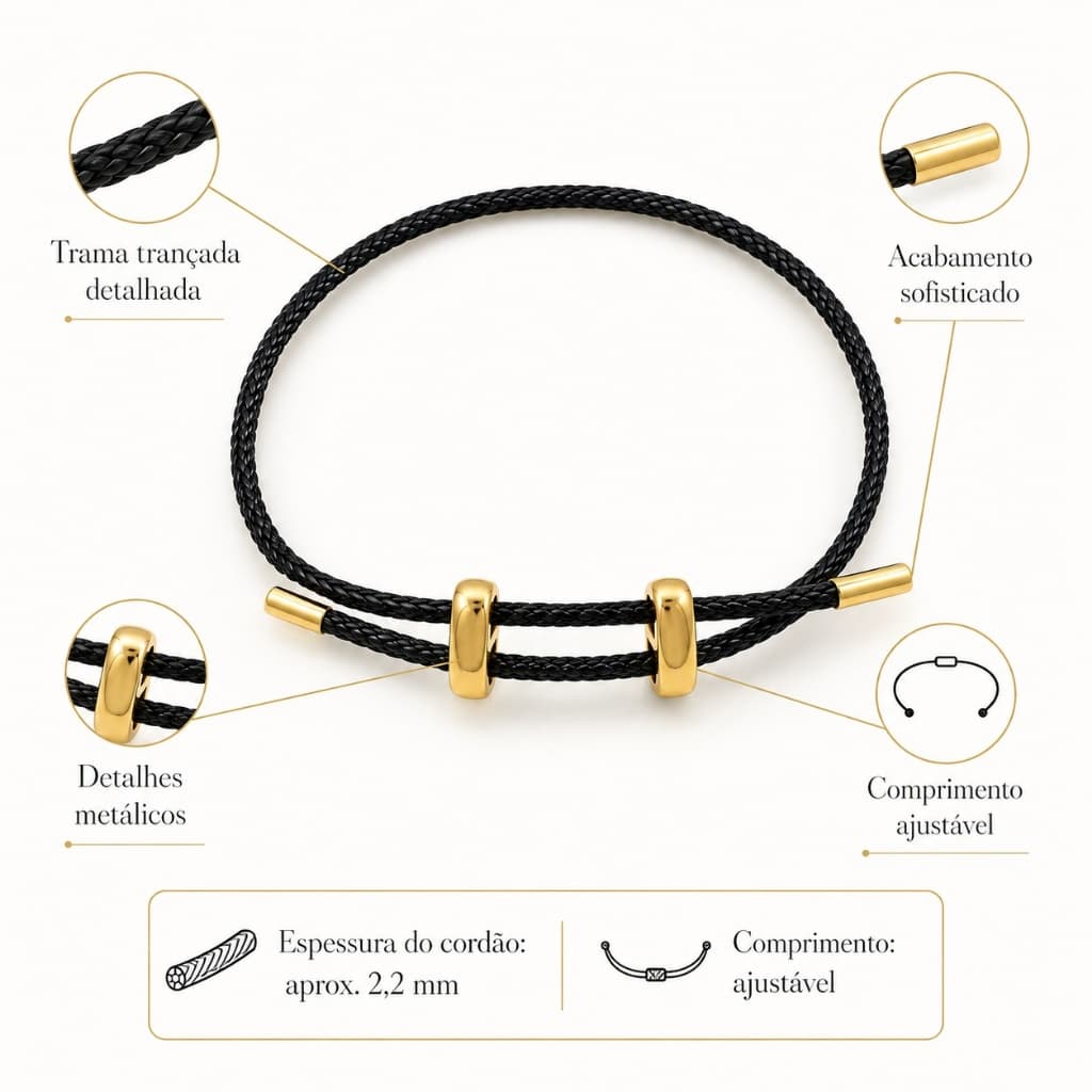Pulseira Masculina Preta Trançada Ajustável com Detalhes Dourados ou Prateados Acessório Masculino