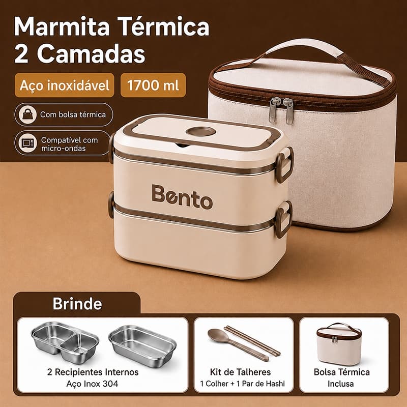 Marmita Térmica Bento 1700ml com 2 Camadas em Aço Inox 304, Bolsa Térmica e Talheres