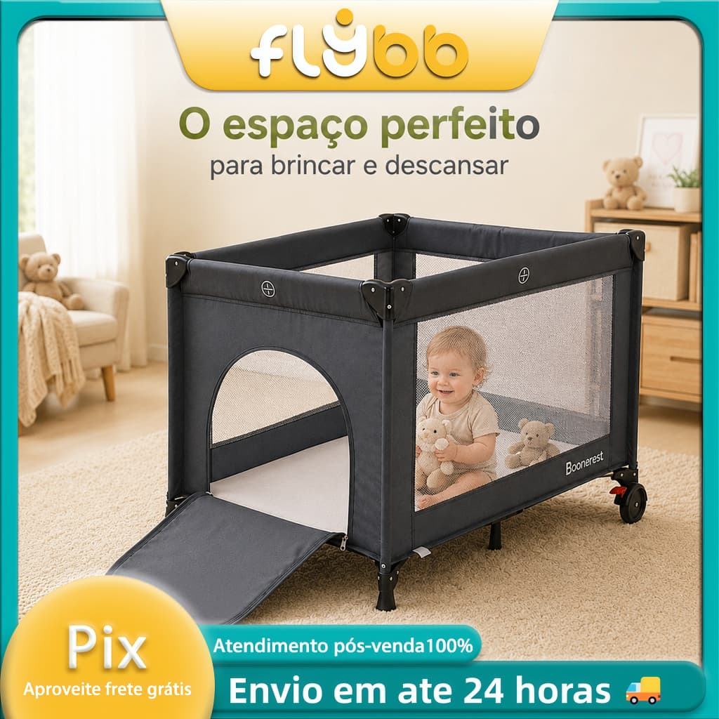 Berço Cercadinho Dobrável Portátil Bebê com Rodinhas Cama de Viagem para Brincar e Dormir