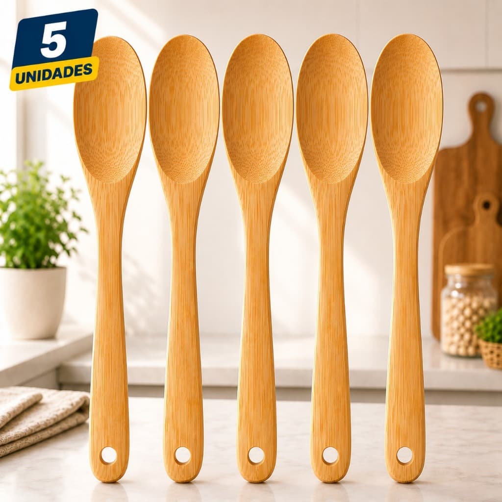 Kit 5 Colheres de Bambu 30cm Para Cozinha Utensílios Madeira Natural Não Risca Panela