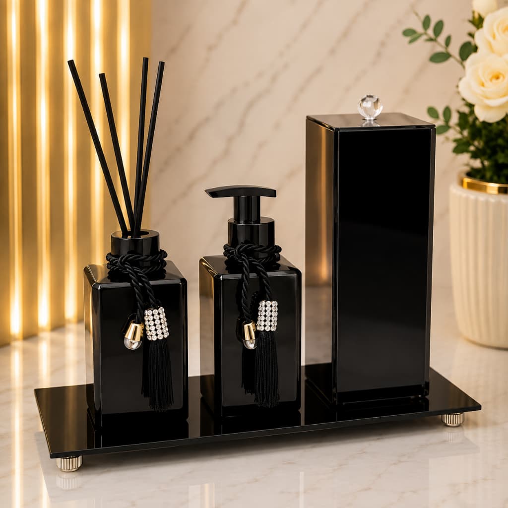 Kit Lavabo/Banheiro Difusor de Varetas + Porta Sabonete Líquido Porta Escova de Dente Decorado/Bandeja