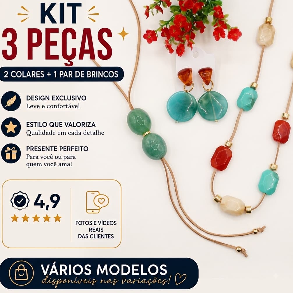 Kit 2 Colares + 1 Par de Brincos Feminino Maxi Acessórios