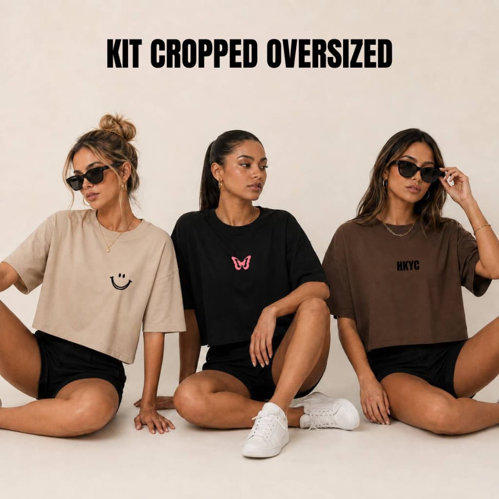 Kit 3 Cropped Oversized Estampado Academia Casual 100% Algodão