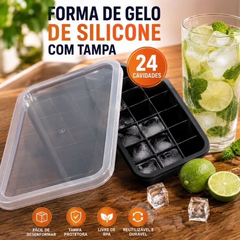 Forma de Gelo com Fundo de Silicone e Tampa Molde Cubos de Gelo Reutilizável para Freezer
