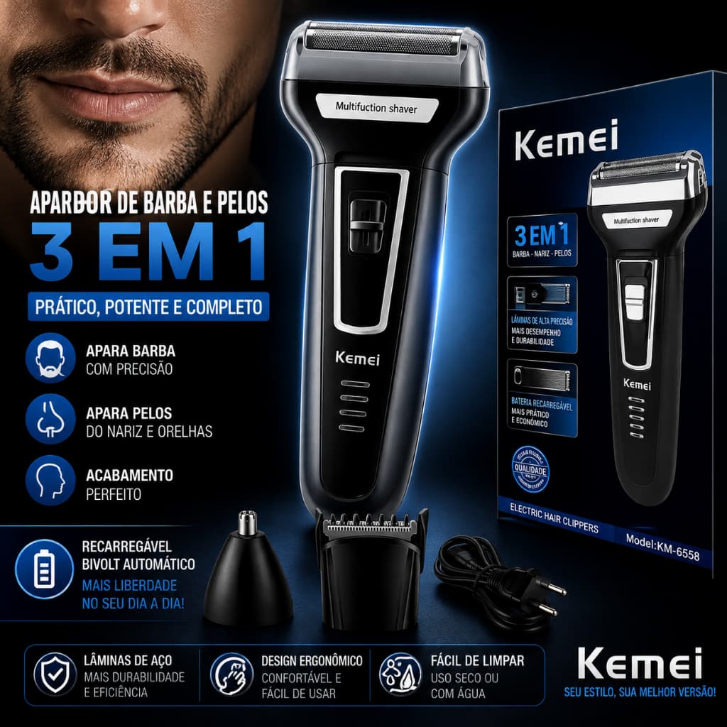 Aparador de Barba e Pelos 3 em 1 Recarregável Bivolt – Barbeador Elétrico para Barba, Nariz e Orelhas