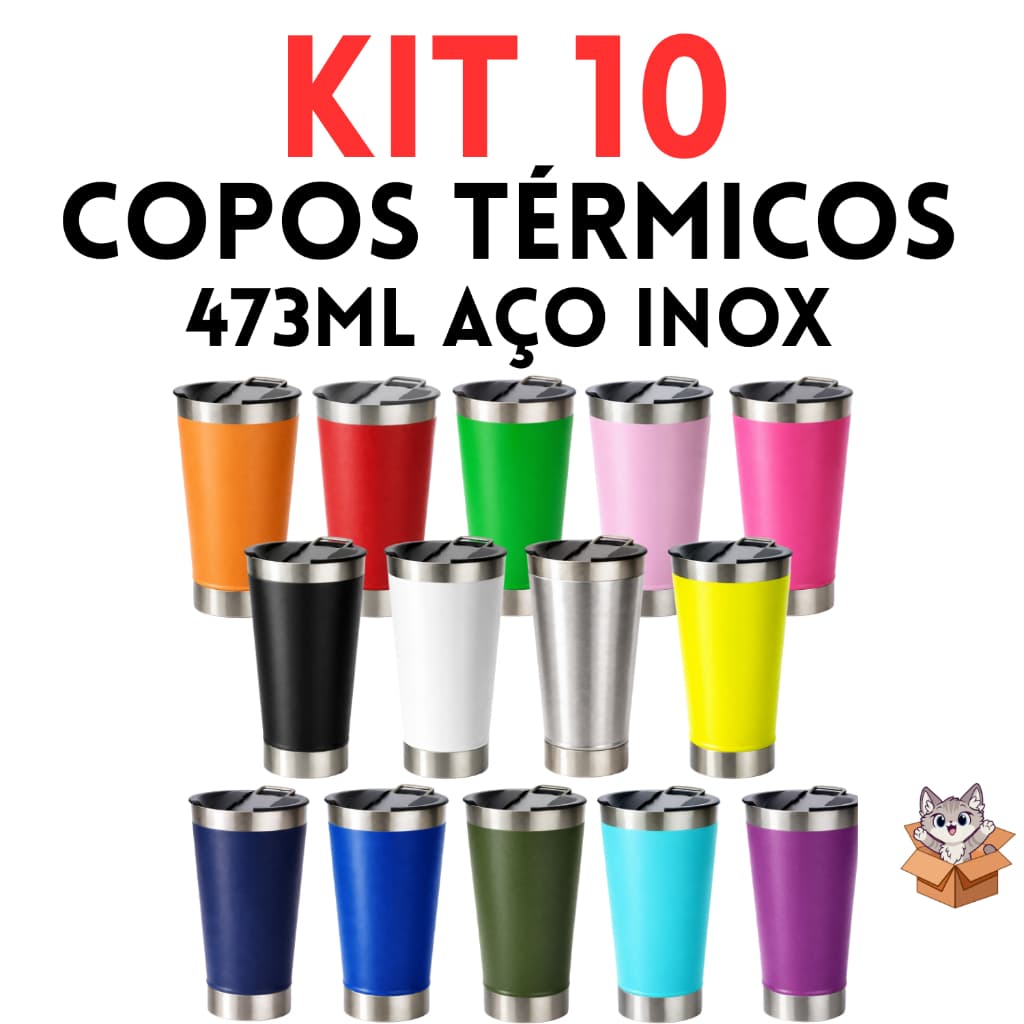 Kit 10 Copos Termicos Inox 473ml com Abridor de Garrafas e Tampa Hermética Ideal para Revenda