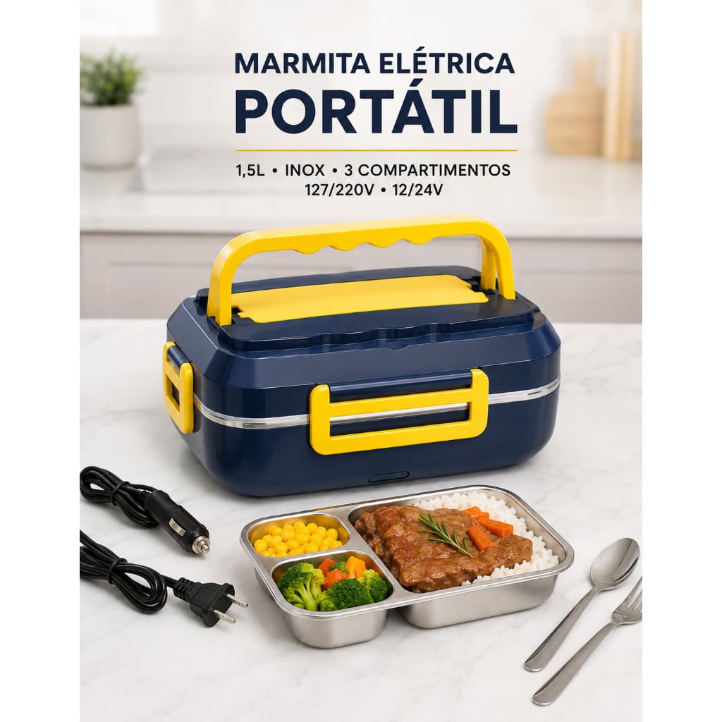 Marmita  Lancheira Elétrica Portátil 1,5L Inox para Casa Veículo Trabalho Viagem Camping  Tomada residencial Tomada 12v
