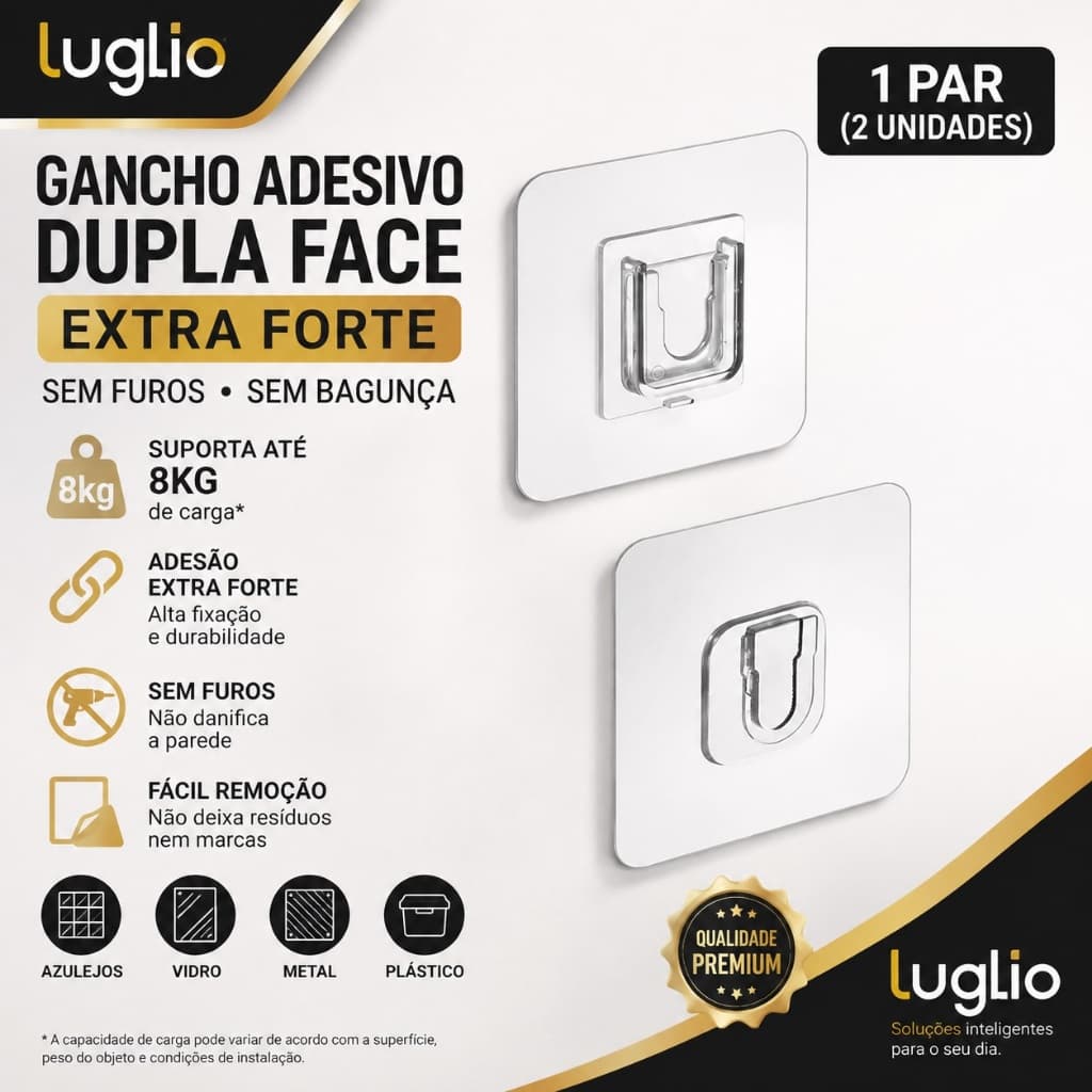 Gancho Adesivo Dupla Face Extra Forte para Parede Sem Furos – Suporte para Prateleiras, Cestos e Banheiro