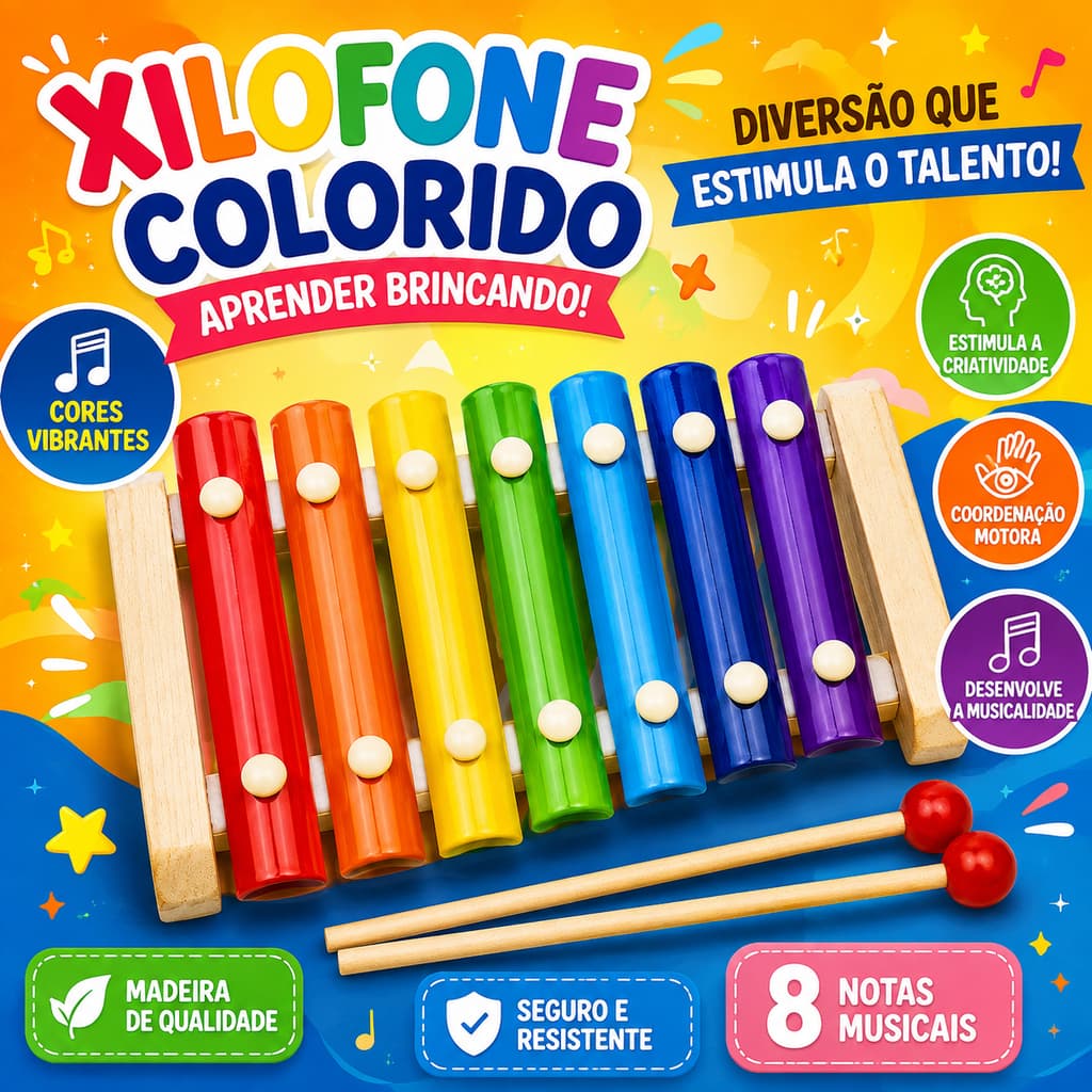 Xilofone Instrumento Musical Infantil com 8 Notas Colorido Educativo Brinquedo Som para Crianças